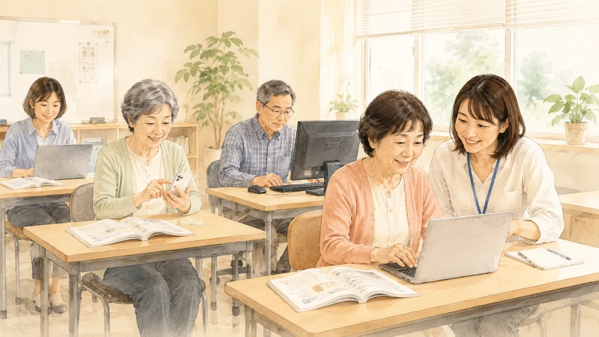 直営パソコン教室の授業風景。生徒さんがそれぞれのペースで学び、講師が隣で一緒に画面を見ている