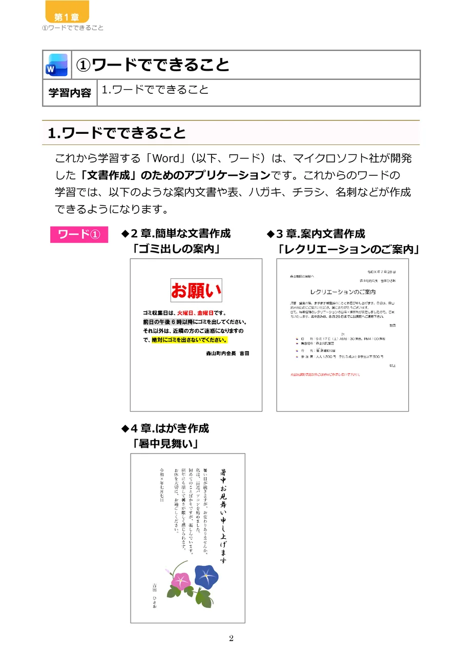 Word教材のテキスト画面「ワードでできること」。案内文書やはがきなど、作れるものを例で紹介している